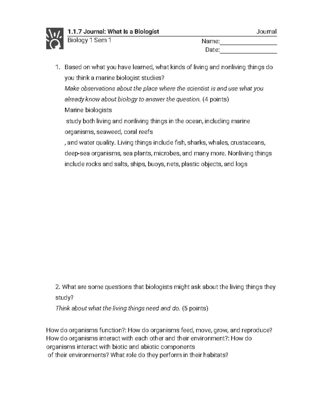 1.1.7 Journal - What Is a Biologist (Journal) - 1.1 Journal: What 