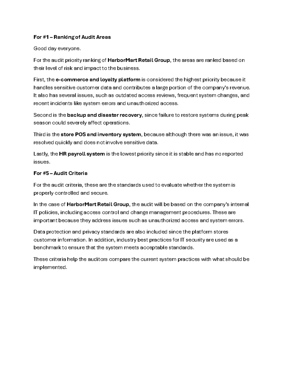 Audit Area Ranking & Criteria for HarborMart Retail Group - Studocu