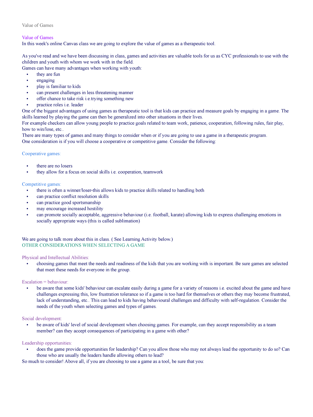 Games and development - Lecture notes 11 - Value of Games Value of ...