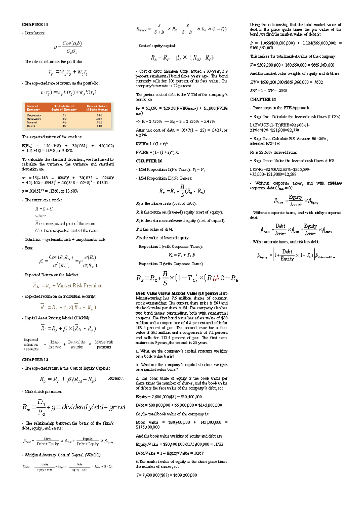 Finance 301 - Exam Cheat Sheet: Correlation, Return, Risk, WACC - Studocu