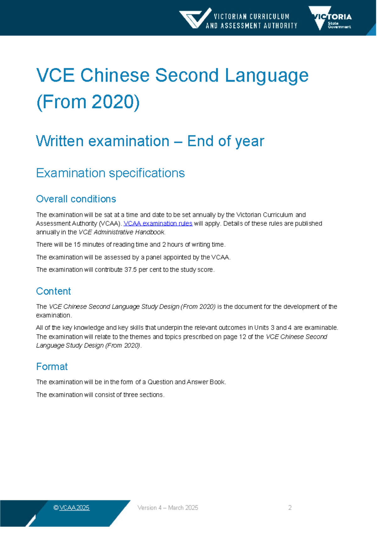 VCE Chinese SL Written Exam Specifications (From 2020) - Studocu