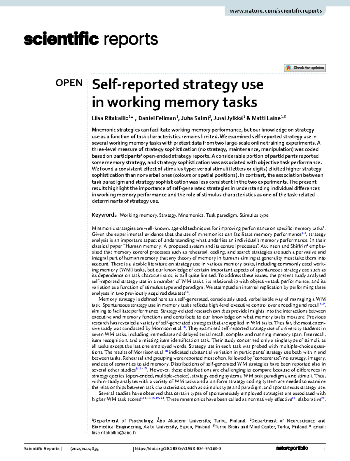 OPEN Strategy Use in Working Memory Tasks: Insights from Experiments ...