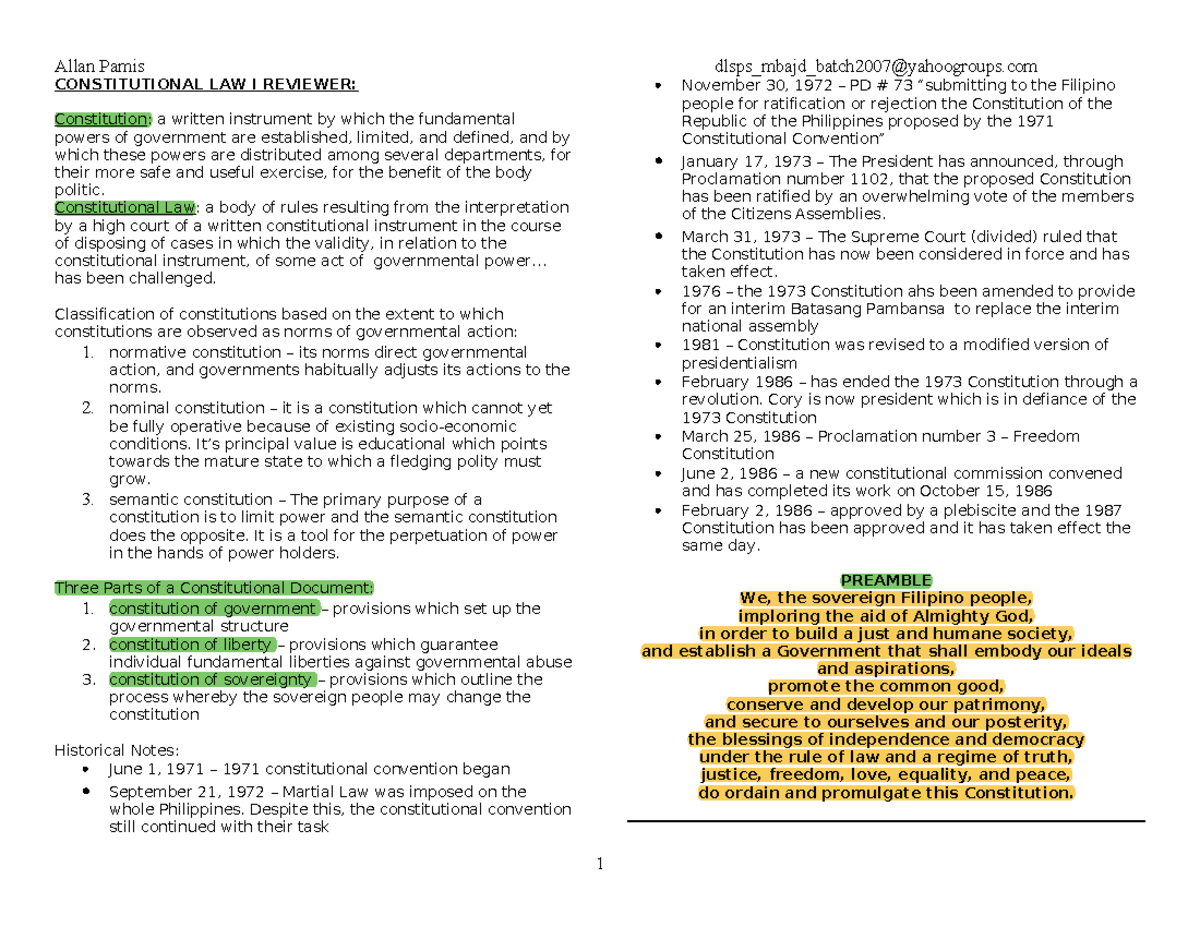 Constitutional Law I Reviewer: Key Concepts and Historical Insights ...