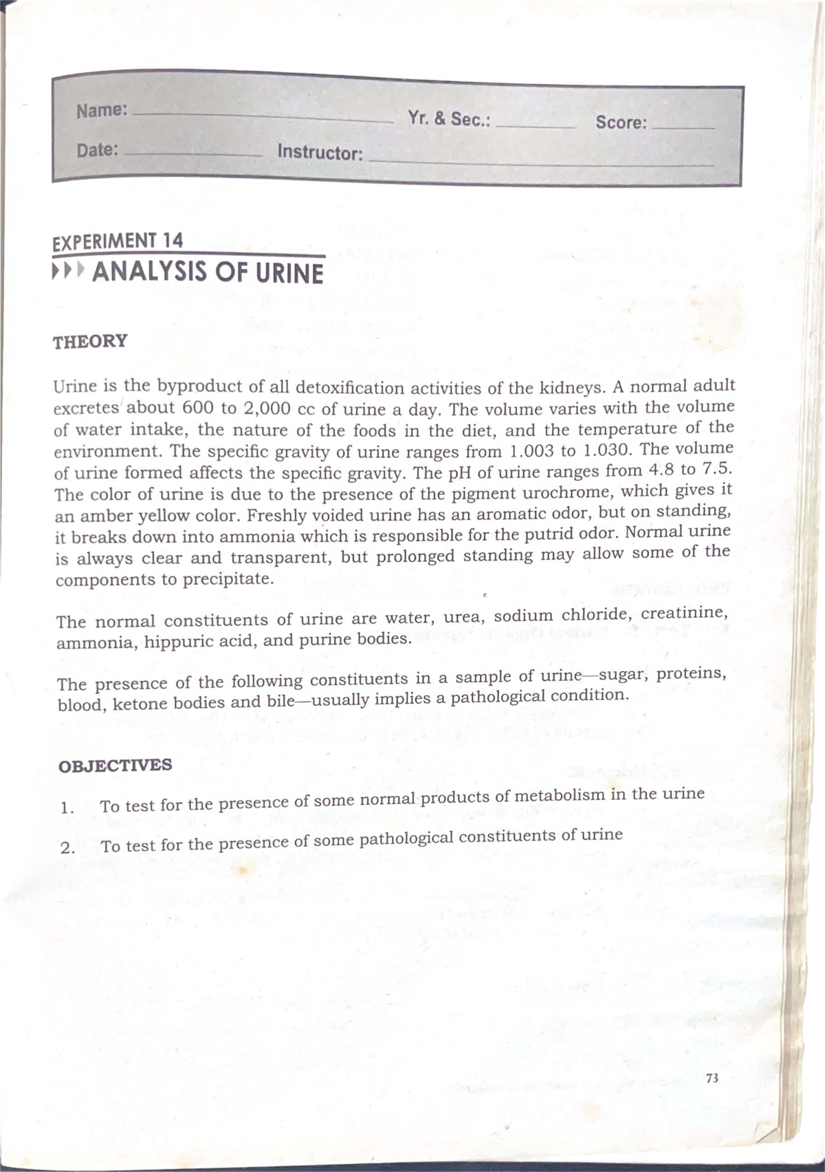 Urinalysis Lab Manual: Experiment 14 - Analysis of Urine - Studocu