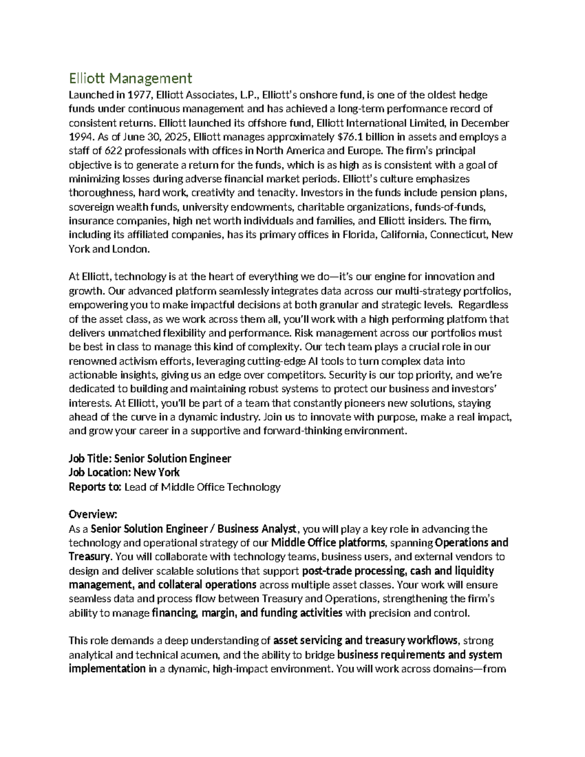 Elliott Mgmt - Senior Solution Engineer Overview & Responsibilities ...