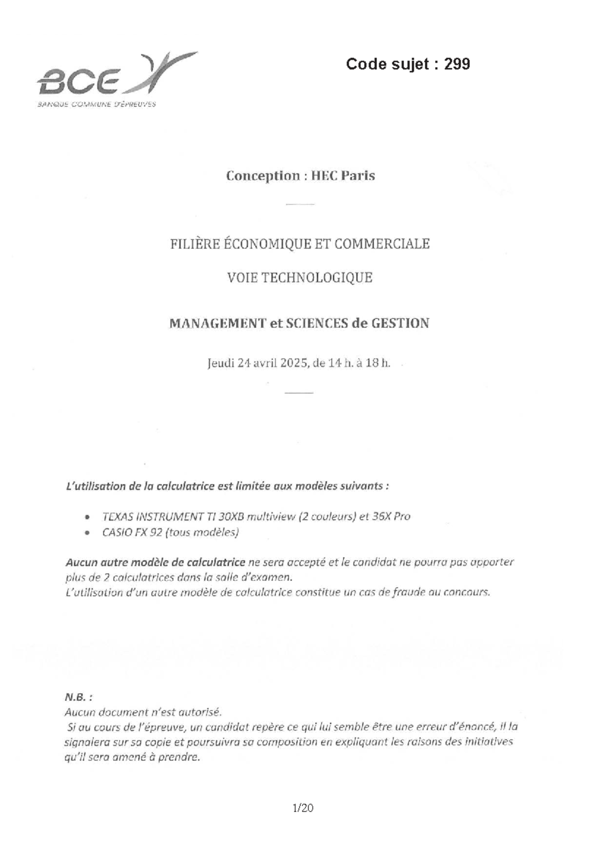 HEC 2025 - HHHHHHHHHHHH - Science de la Vie et de la Terre - Code sujet ...