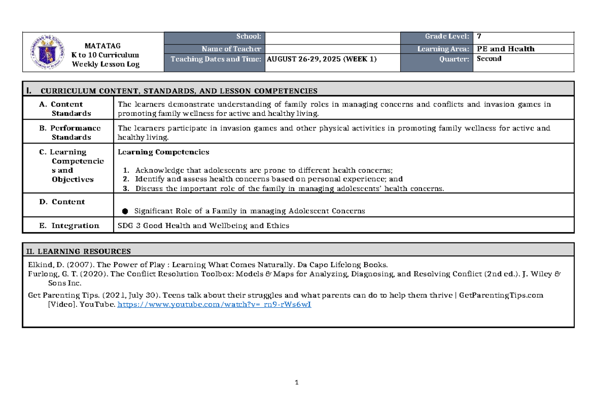 DLL Matatag PE & Health 7 Q2 W1: Family Roles in Adolescent Wellness ...