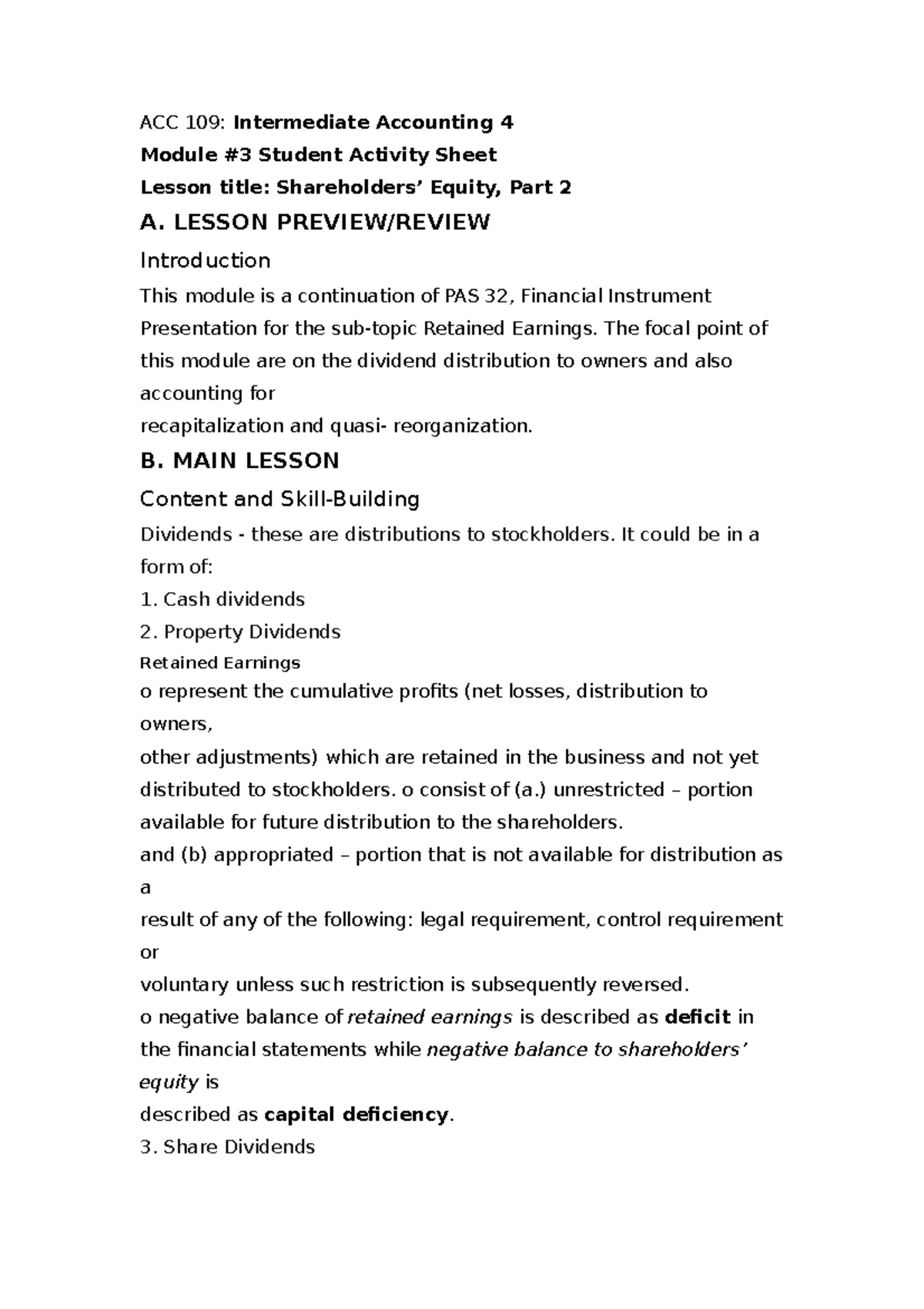 ACC 109 Intermediate Accounting 4 Module 3: Shareholders' Equity ...