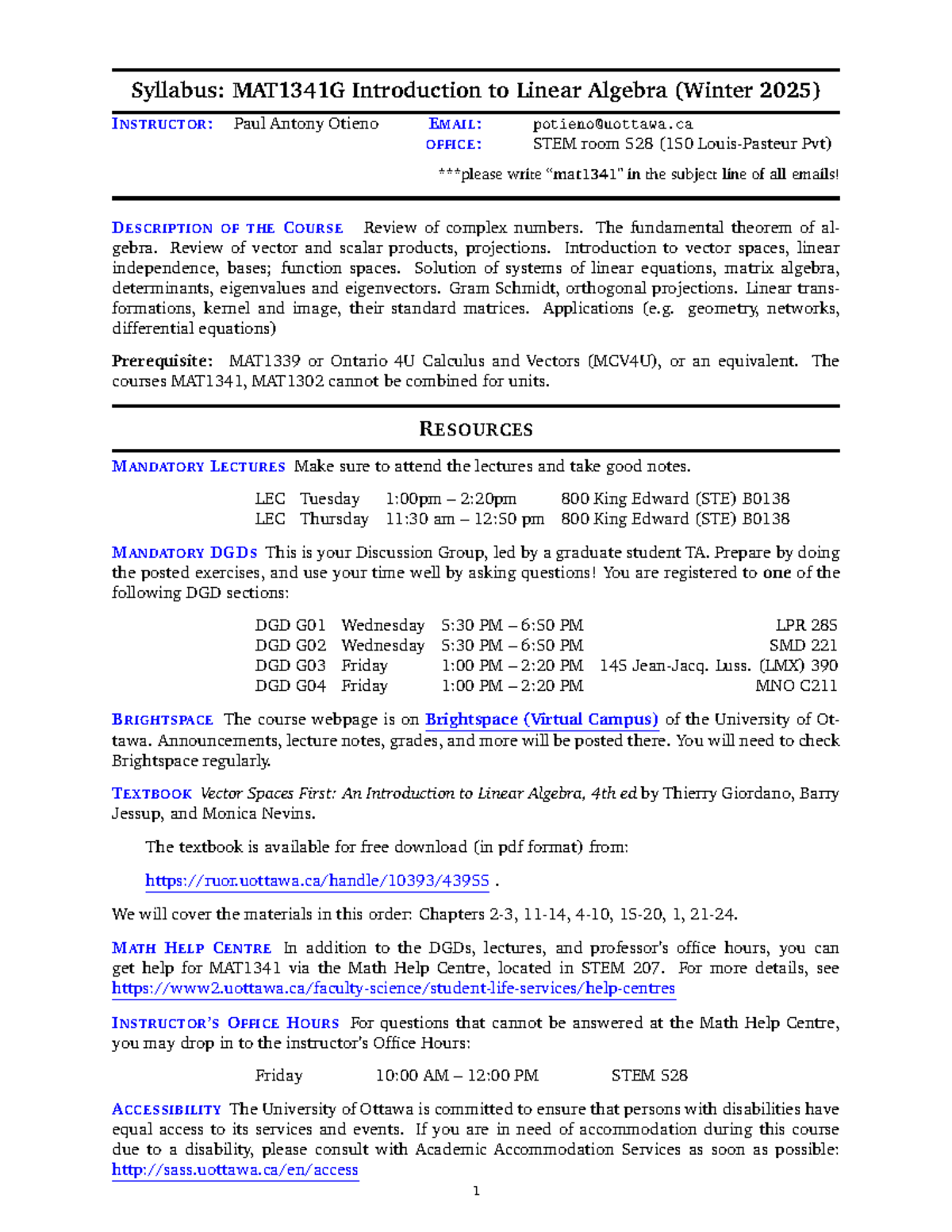 Linear Algebra Syllabus - Syllabus: MAT1341G Introduction to Linear ...