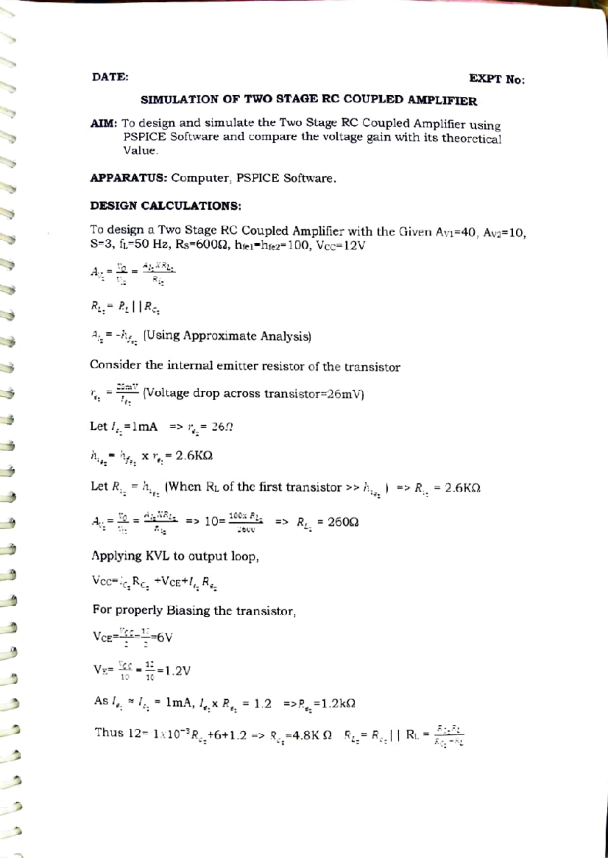 Simulation of Two Stage RC Coupled Amplifier - EXPT No: DATE: - Studocu