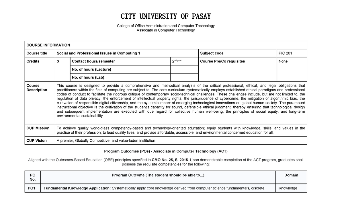 Social and Professional Issues in Computing (PIC 201) - Course Overview ...