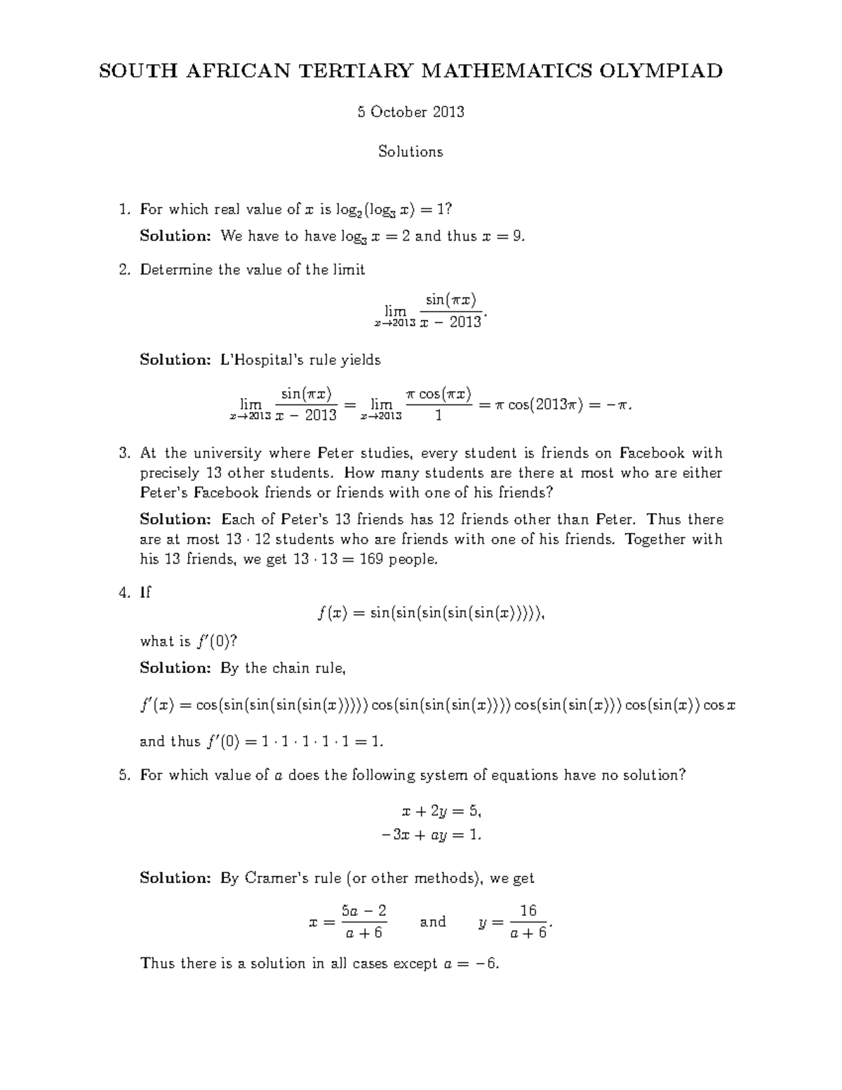 Complete Solutions 2013 - SOUTH AFRICAN TERTIARY MATHEMATICS OLYMPIAD 5 ...