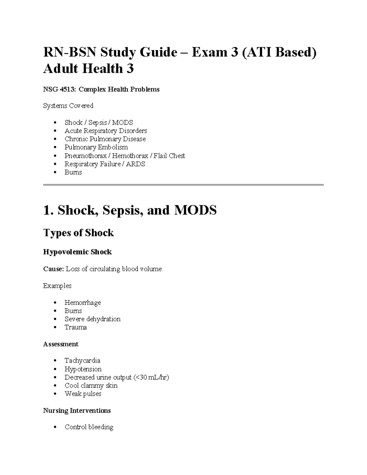 Exam 3 Study Guide: Complex Health Problems in Adult Health 3 (NSG 4513 ...