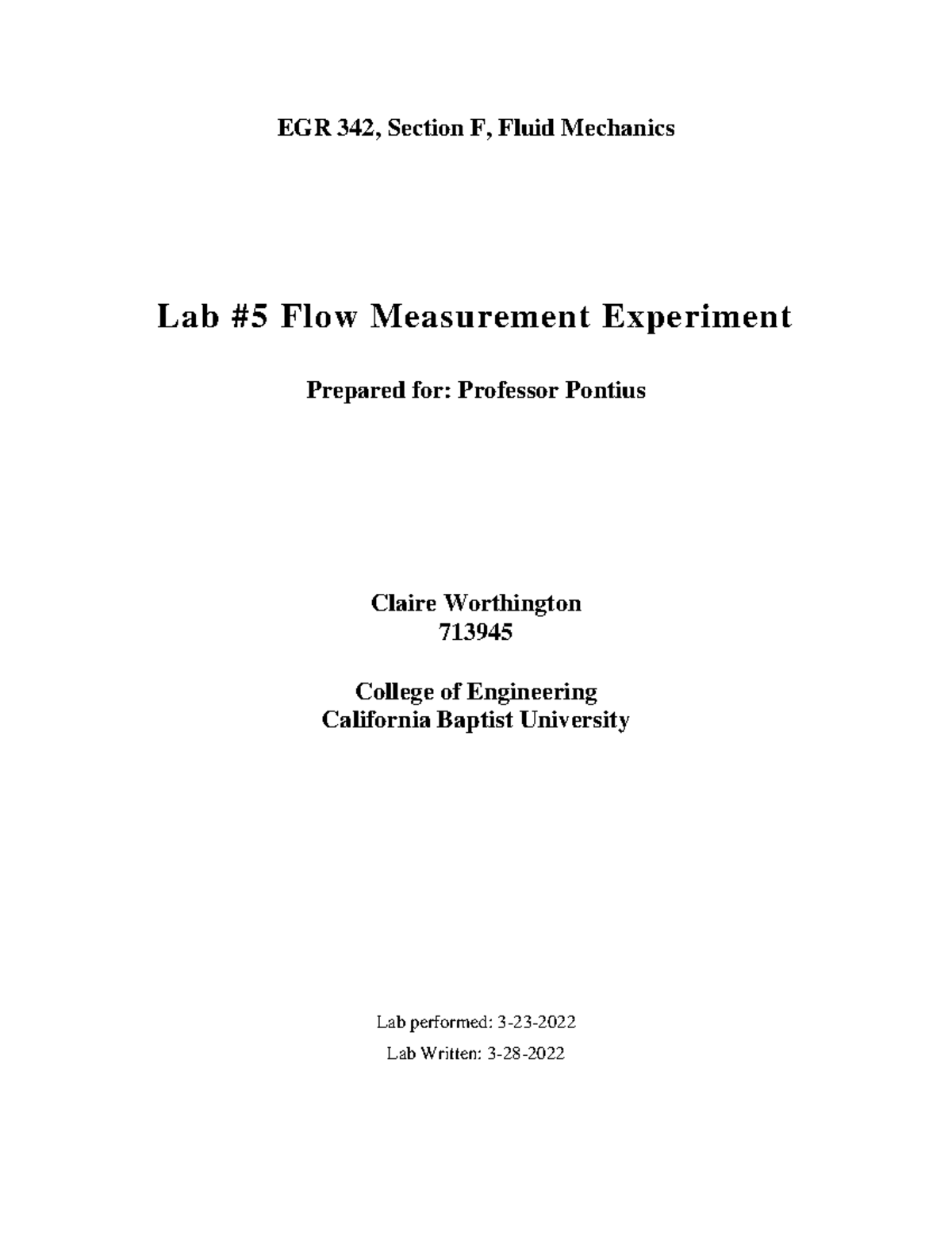 EGR 342 Lab Report 5: Flow Measurement Experiment Analysis - Studocu