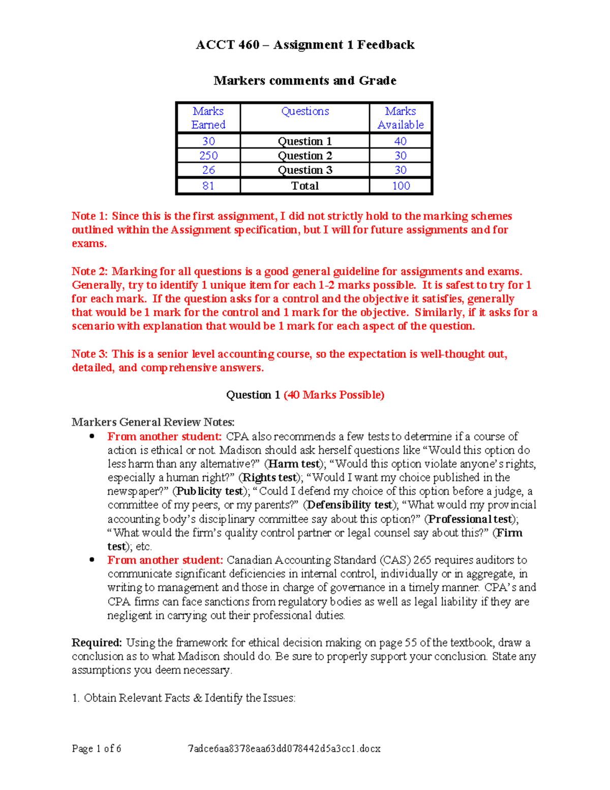ACCT 460 Assignment 1 Feedback and Grade Review - Studocu
