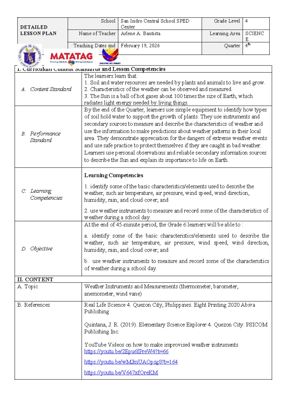 Science 4 Q4 DLP: Weather Instruments & Measurements Lesson Plan - Studocu