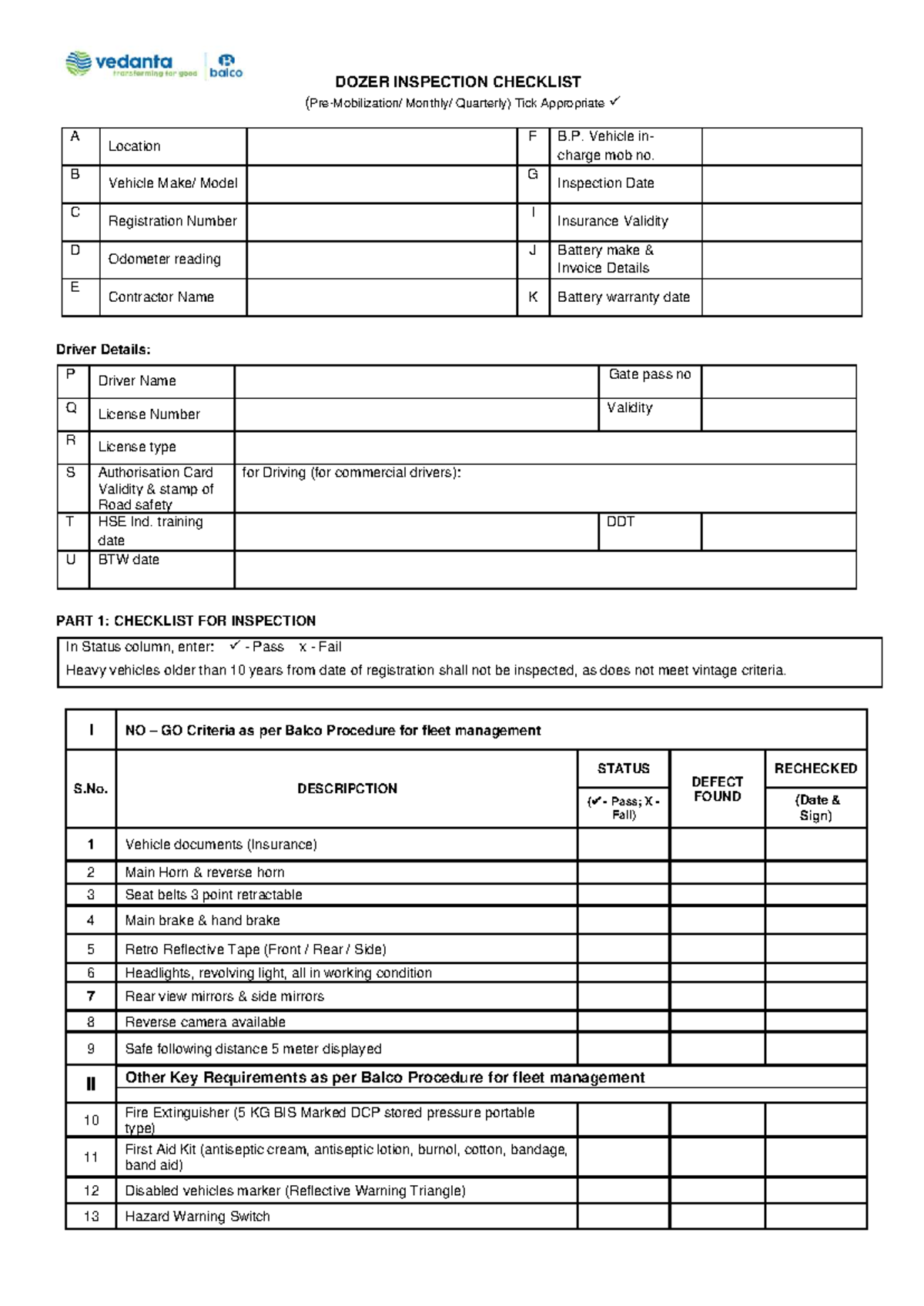 DOZER INSPECTION CHECKLIST (Quarterly) for Vehicle Safety Compliance ...