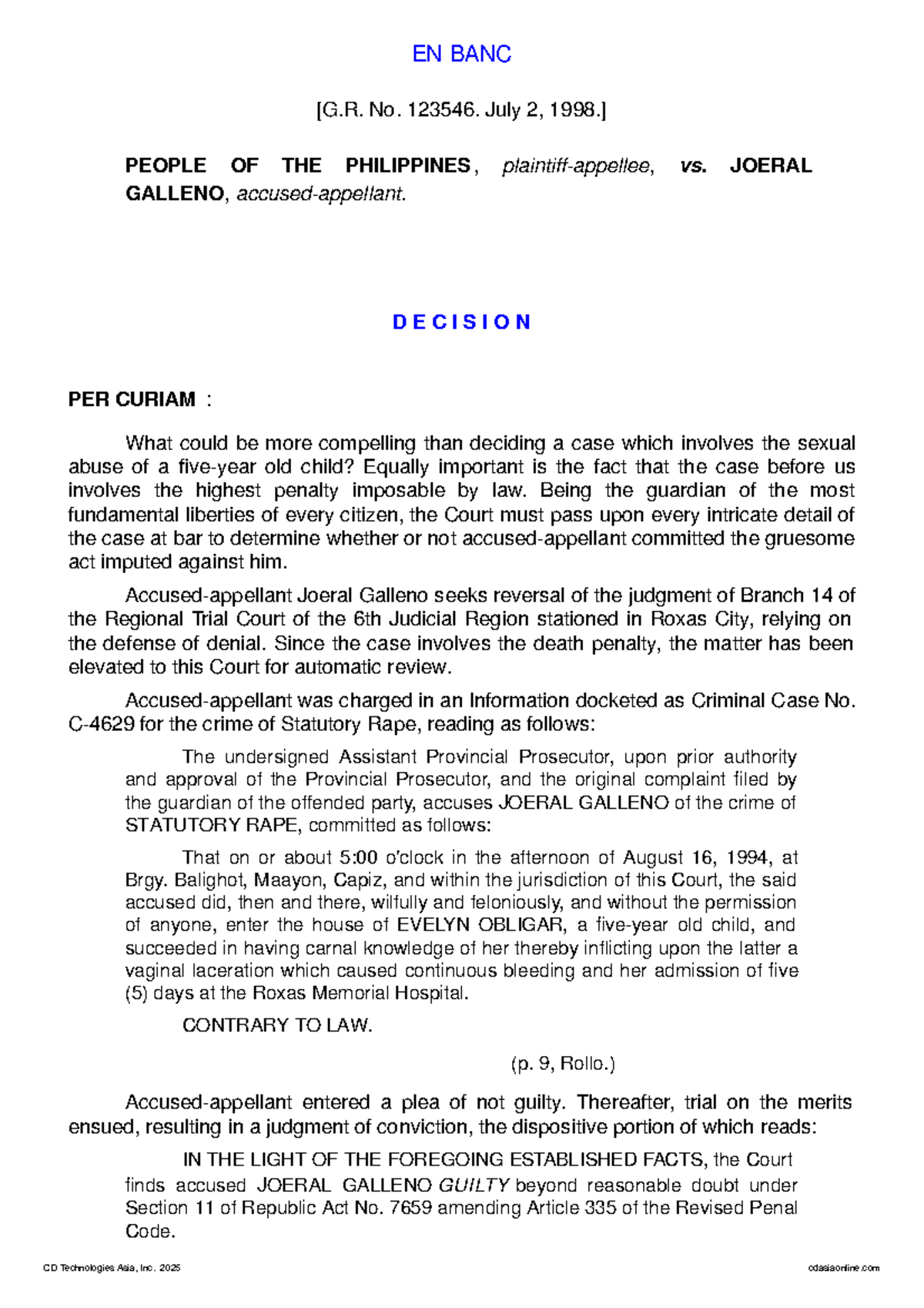 People v. Galleno: Review of Statutory Rape Case - LAW EVIDENCE - Studocu