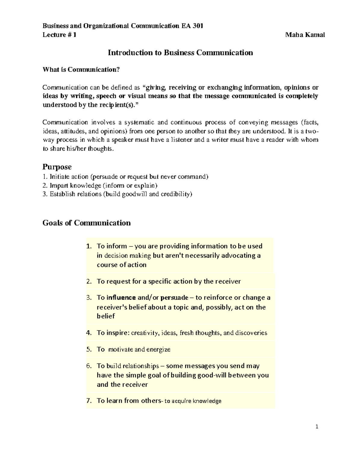 Introduction to Business Communication EA 301 - Lecture # 1 Maha Kamal ...