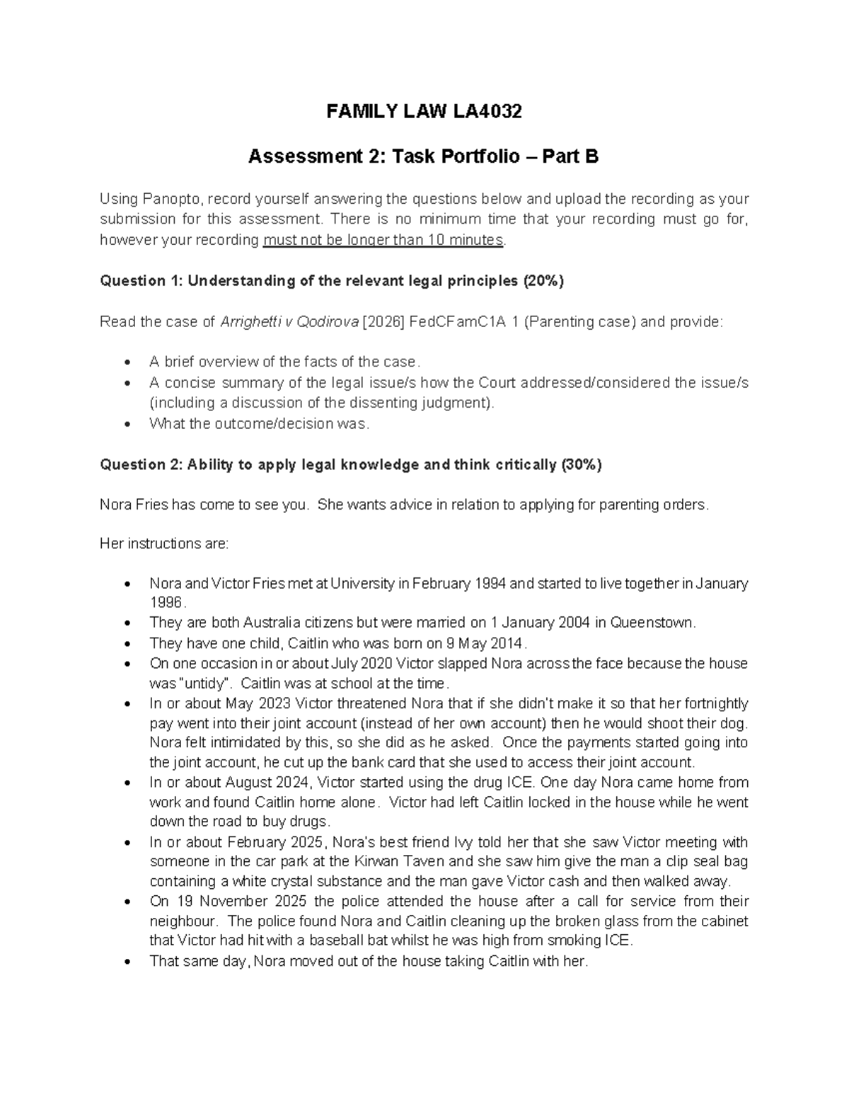 FAMILY LAW LA4032 Assessment 2: Task Portfolio Part B Overview ...