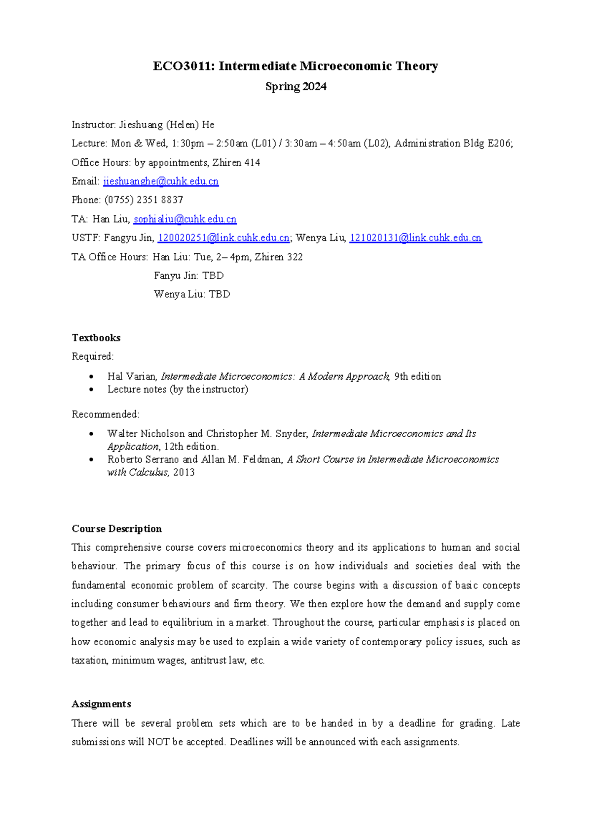 ECO3011: Intermediate Microeconomic Theory Syllabus Spring 2024 - Studocu