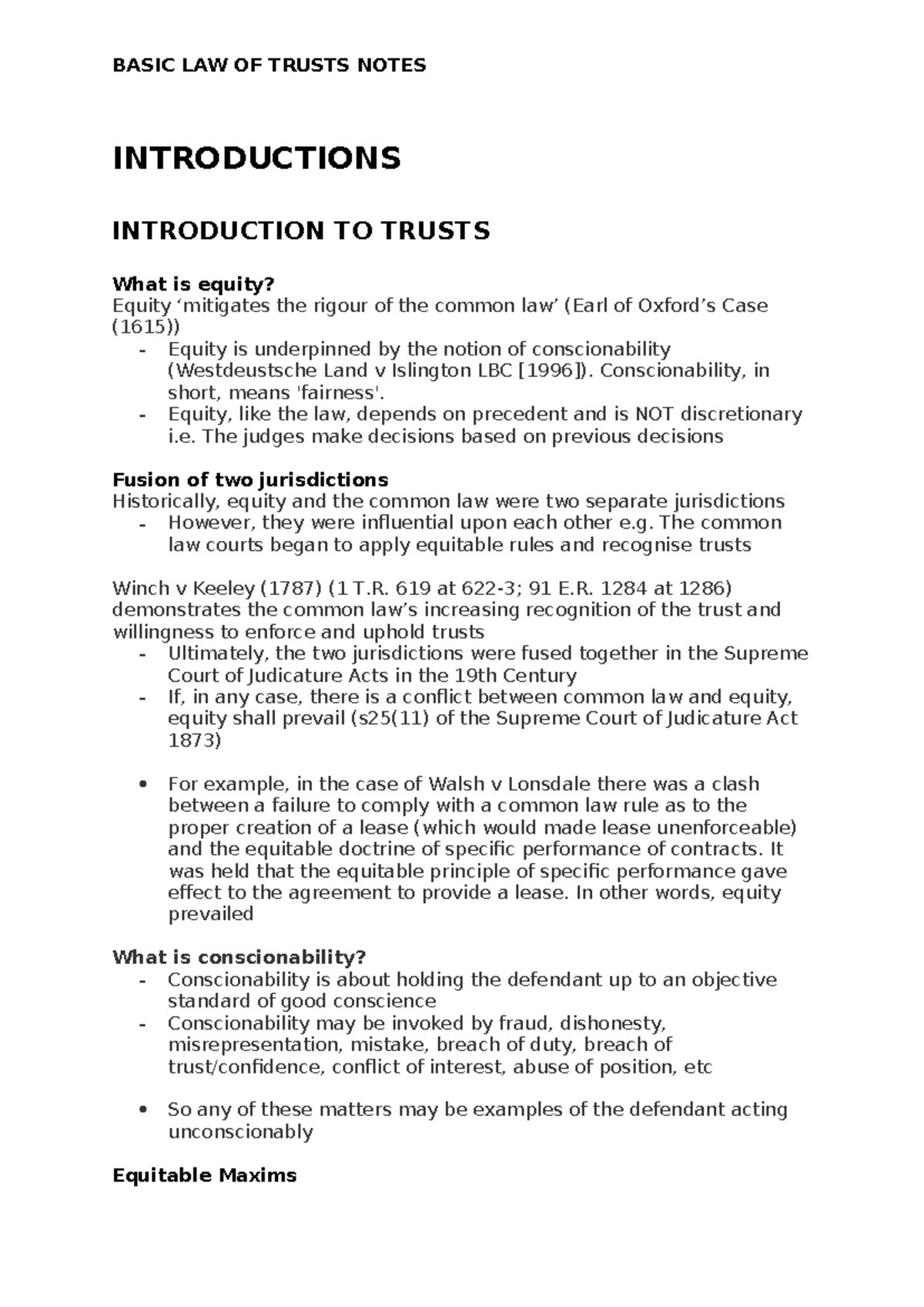 BASIC LAW OF TRUSTS NOTES: An Introduction to Equity and Trusts - Studocu