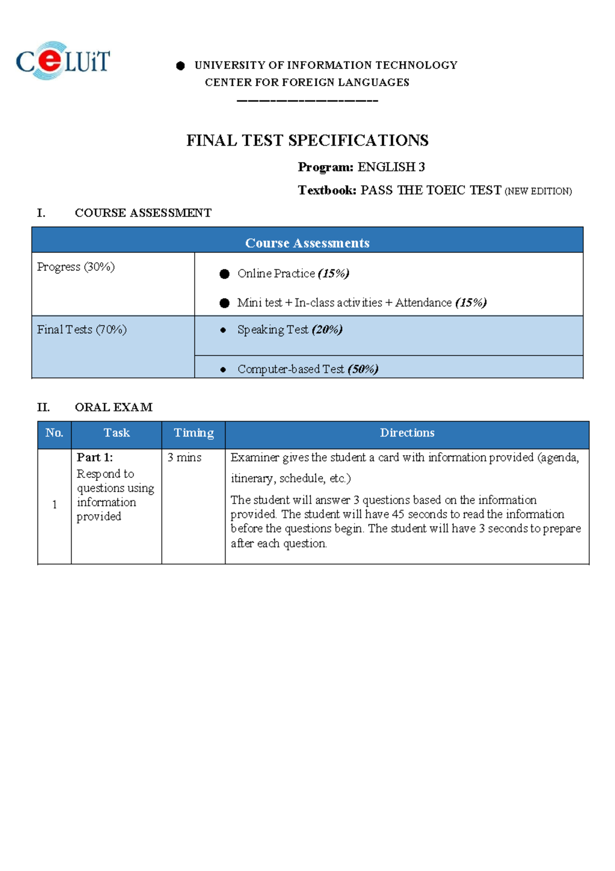 Final Test Specifications for English 3 (TOEIC) - Studocu
