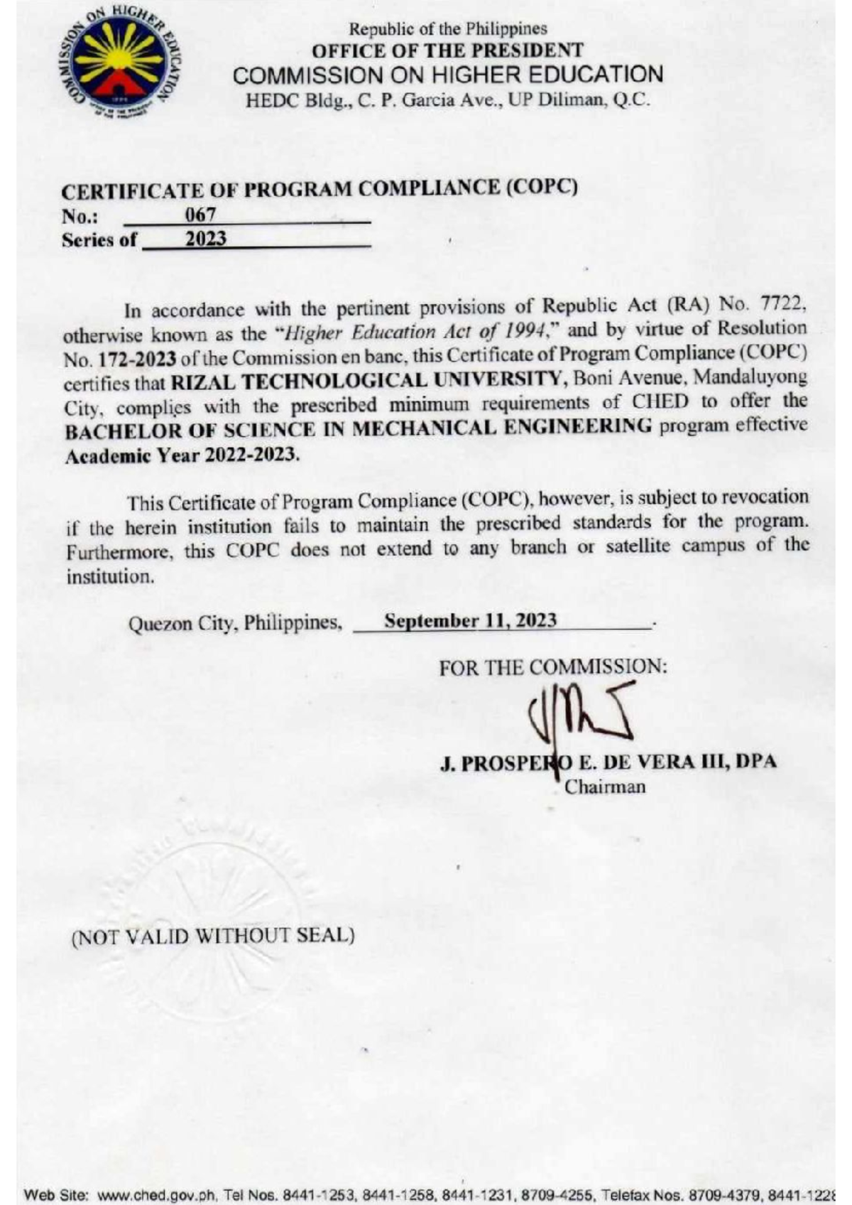 COPC - COPC FOR FILING FOR BOARD EXAM ME - ON HIGHER Republic of the ...