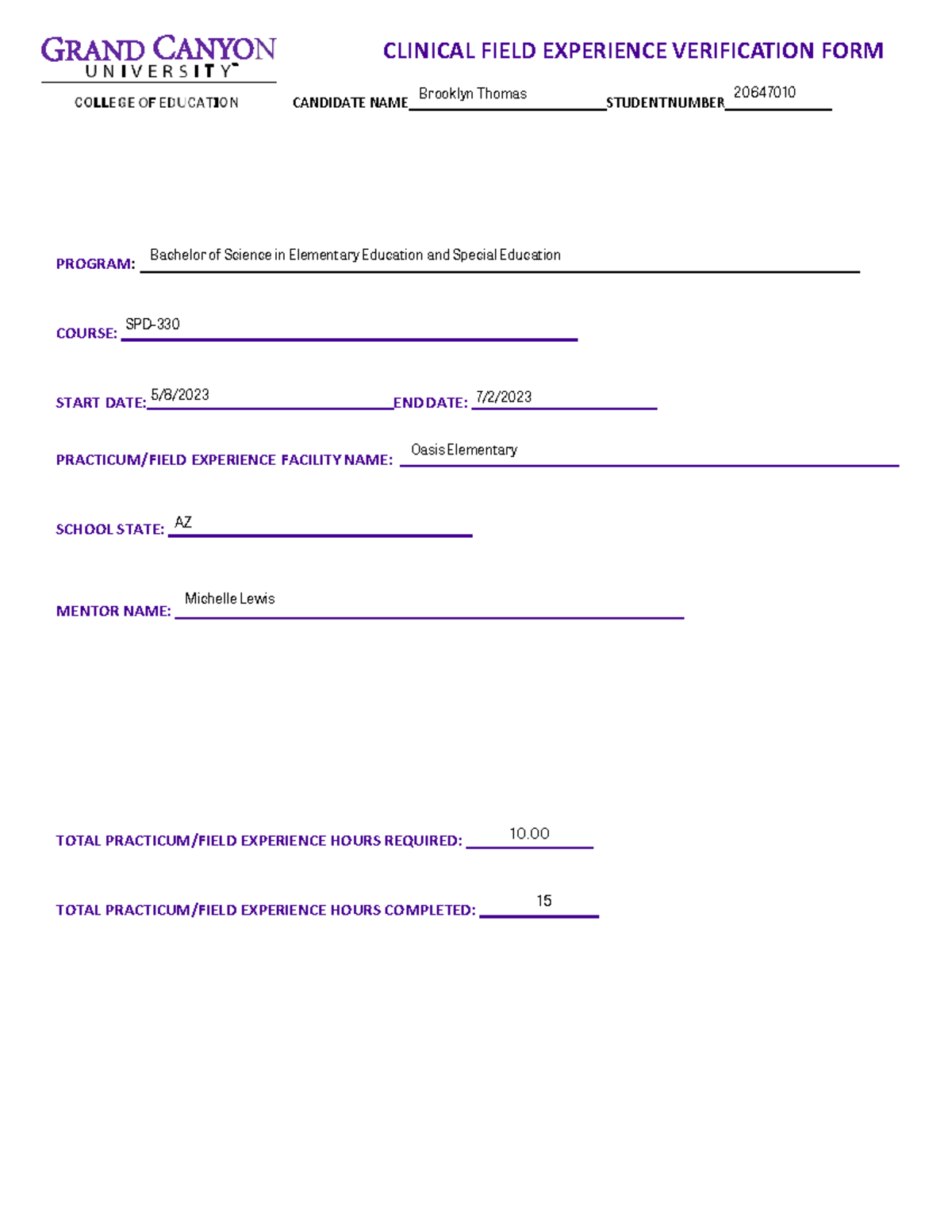SPD 330 Practicum Verification Form for Brooklyn Thomas 2023 - Studocu