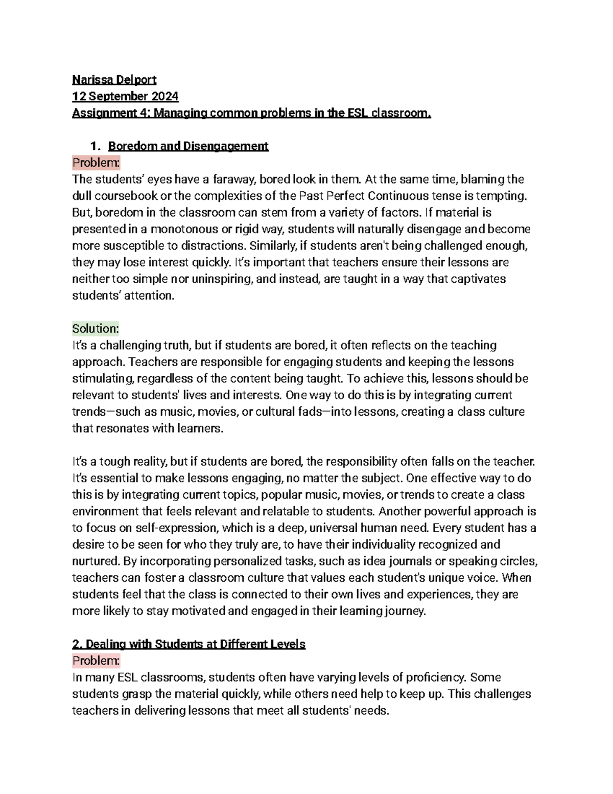 TOTB Assignment 4 - Strategies for Managing ESL Classroom Issues - Studocu