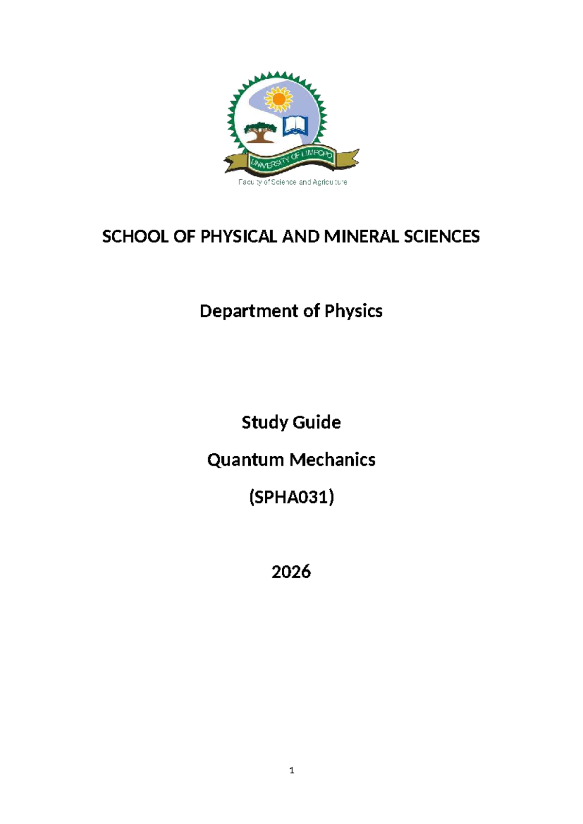 SPHA031 Quantum Mechanics Study Guide 2026 - Studocu