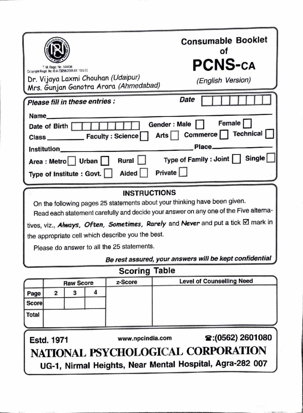 PCNS-CA Consumable Booklet for Counselling Needs Scale (Eng.) - Studocu