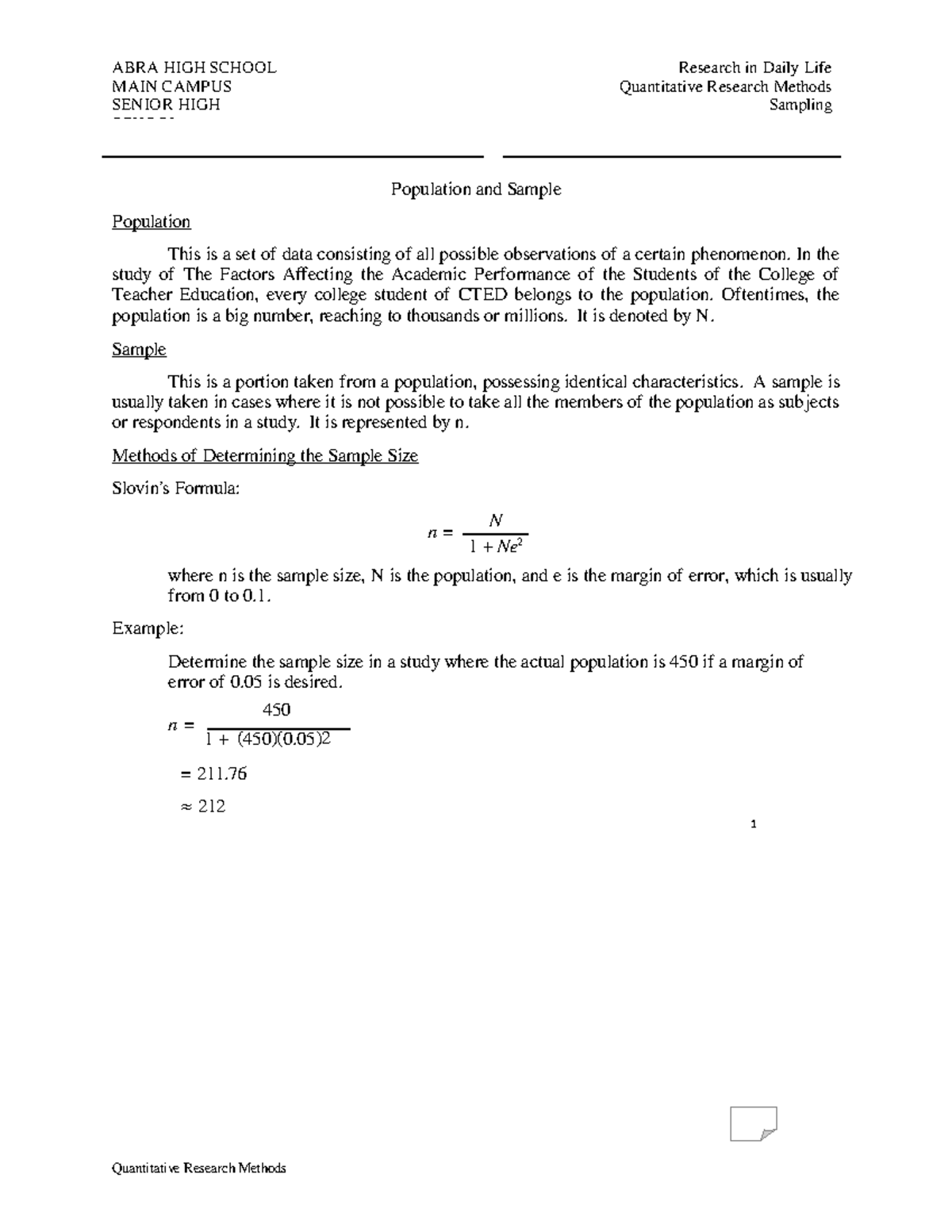 ABRA HIGH SCHOOL MAIN CAMPUS SENIOR HIGH SCHOOL Quantitative Research ...