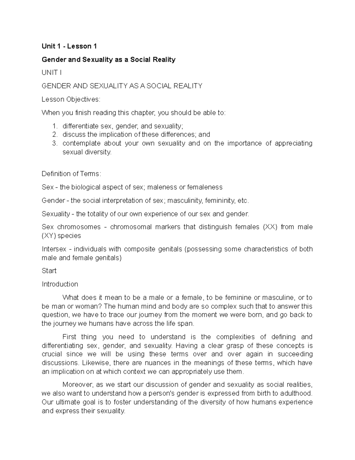 Gender and Sexuality as a Social Reality - Definition of Terms: Sex ...