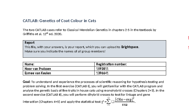 CATLAB: Genetics of Coat Colour in Cats - Practicum Report - Studeersnel