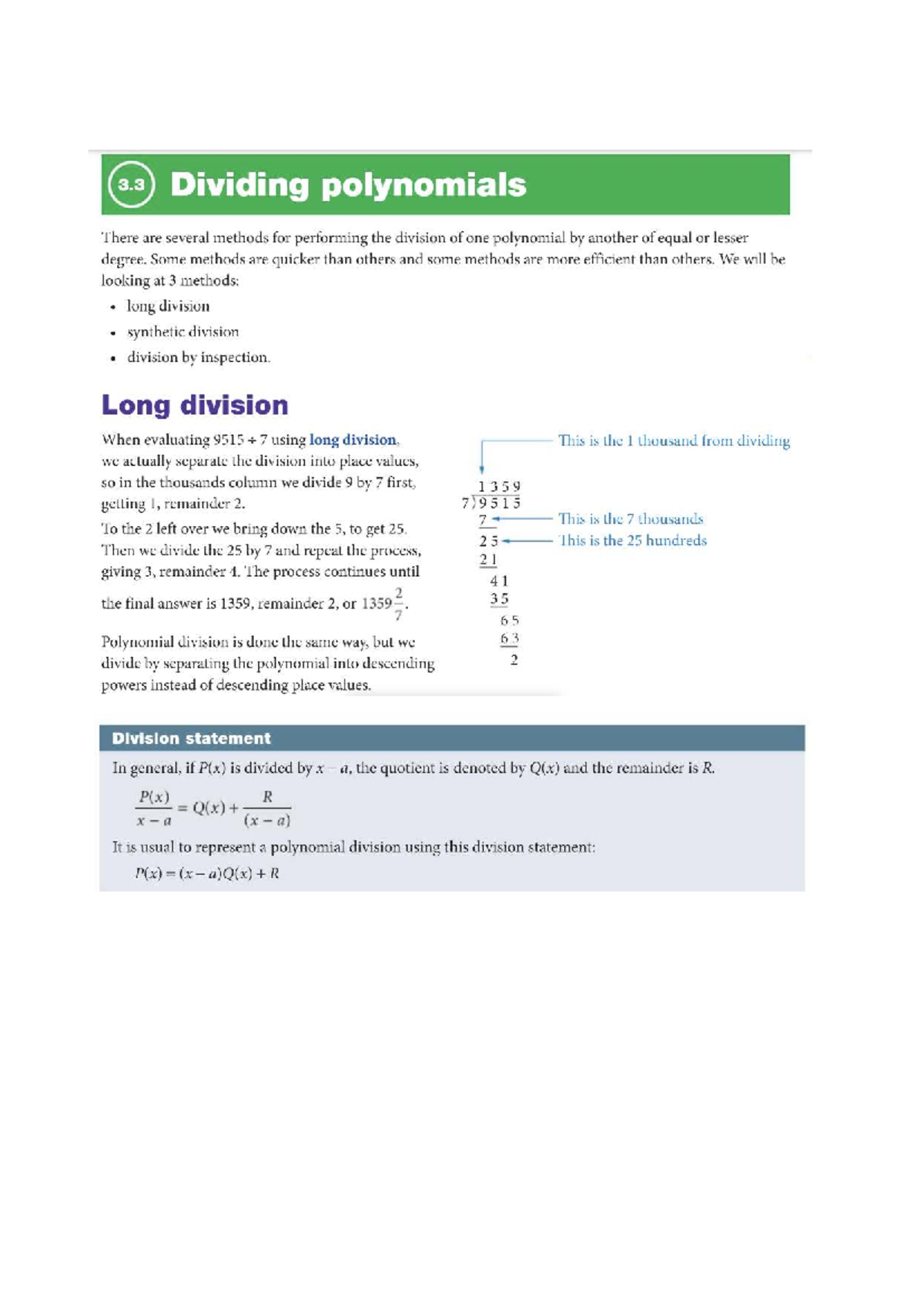 3.3 Polynomial Division Methods: Long, Synthetic, and Inspection - Studocu
