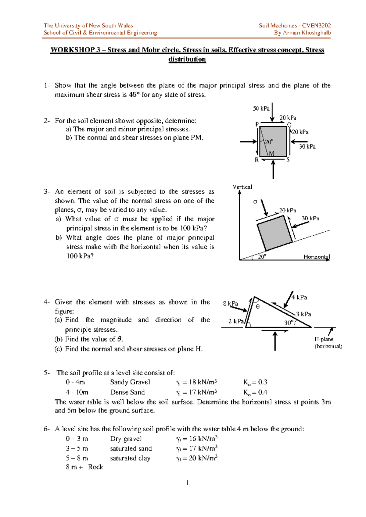 CVEN3202 Workshop 3: Stress Analysis & Mohr Circle in Soil Mechanics ...