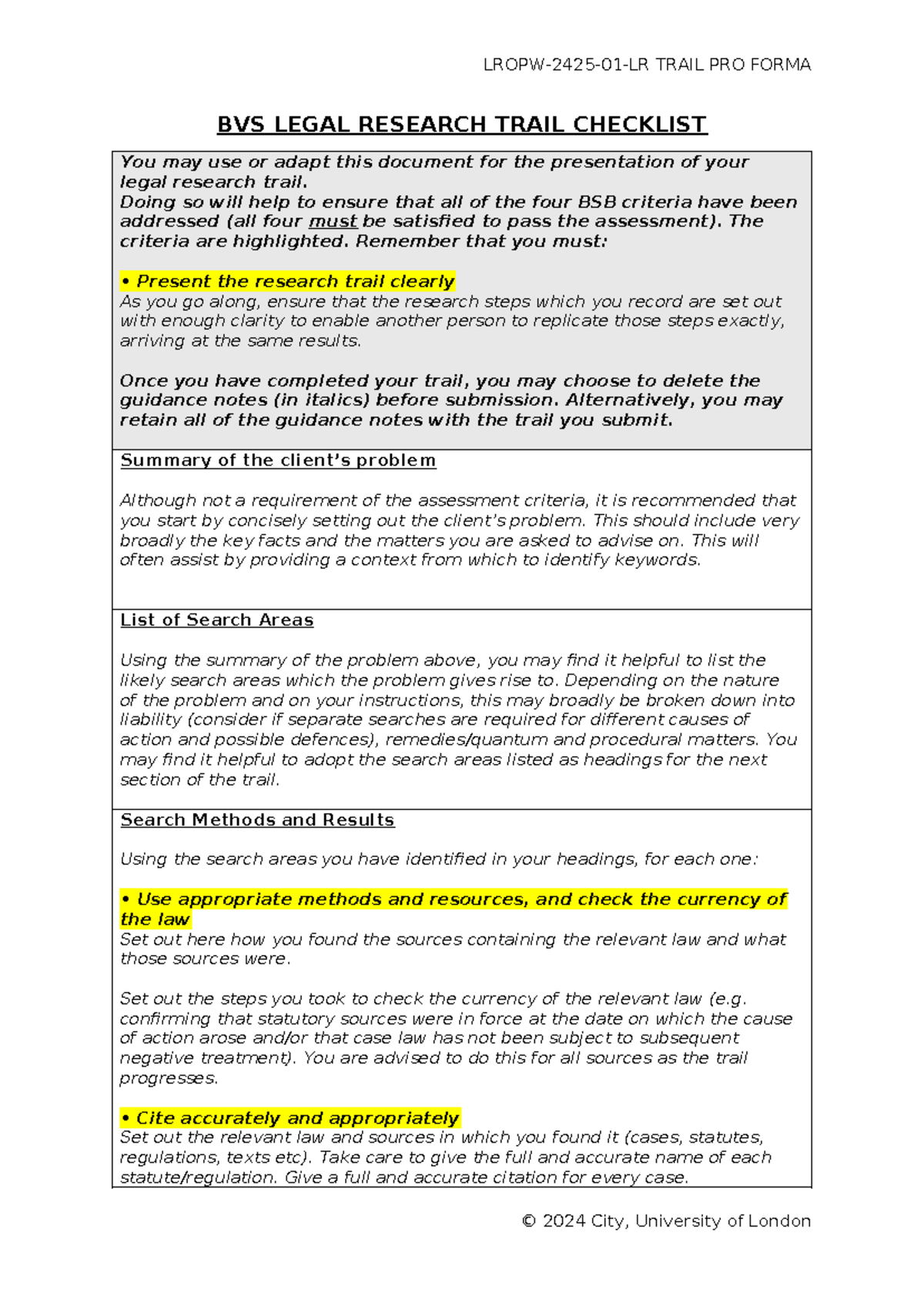 BVS Legal Research Trail Checklist - Pro Forma Guide 2526 - Studocu