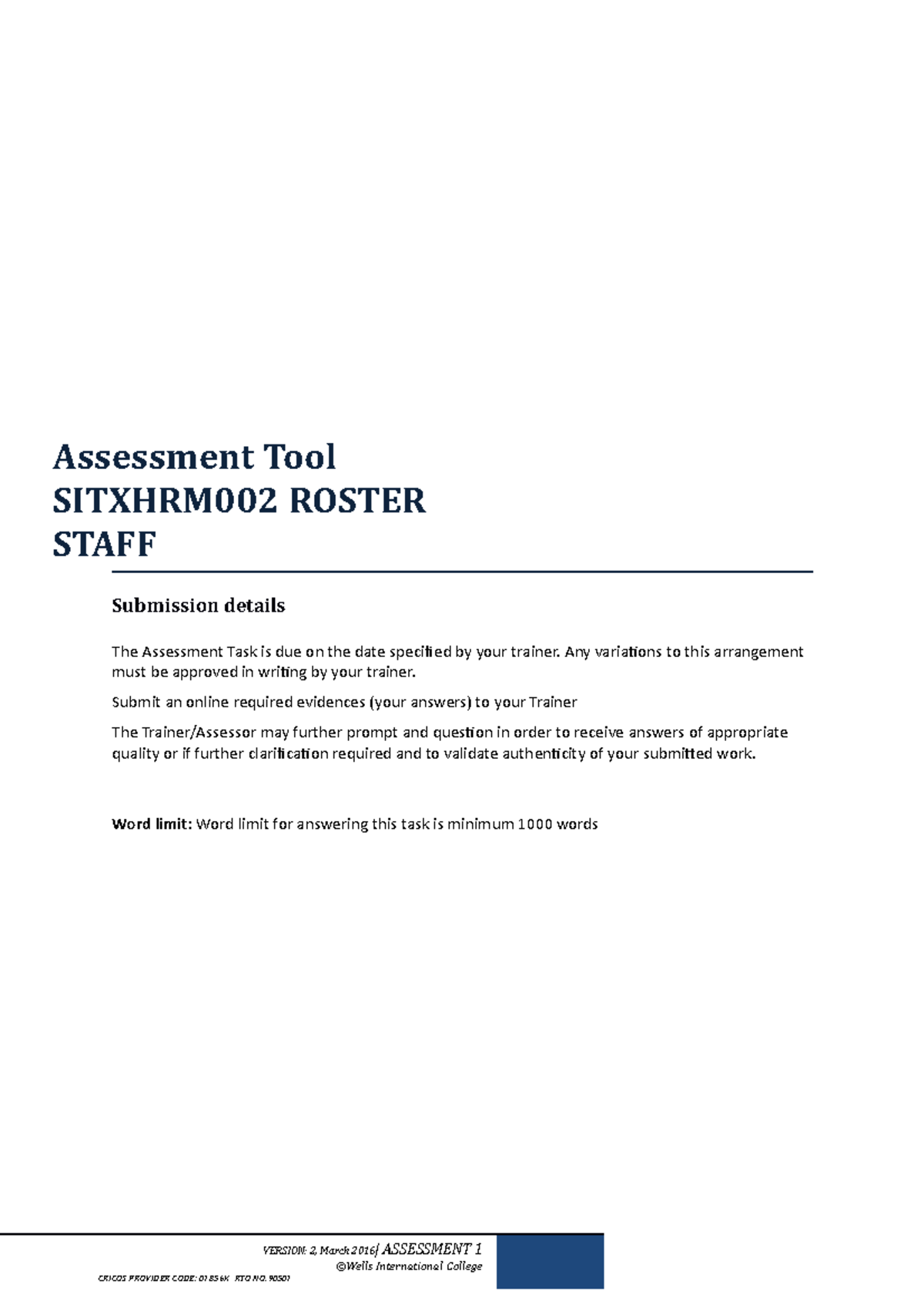 SITXHRM002 Roster Staff Assessment 1 - Develop Effective Rosters - Studocu