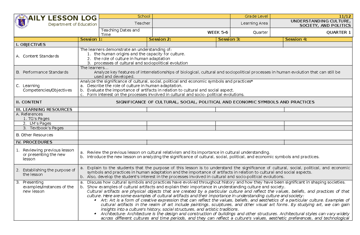 UCSP Q1 WEEK 5-6 - Lesson Plan on Understanding Culture and Society ...