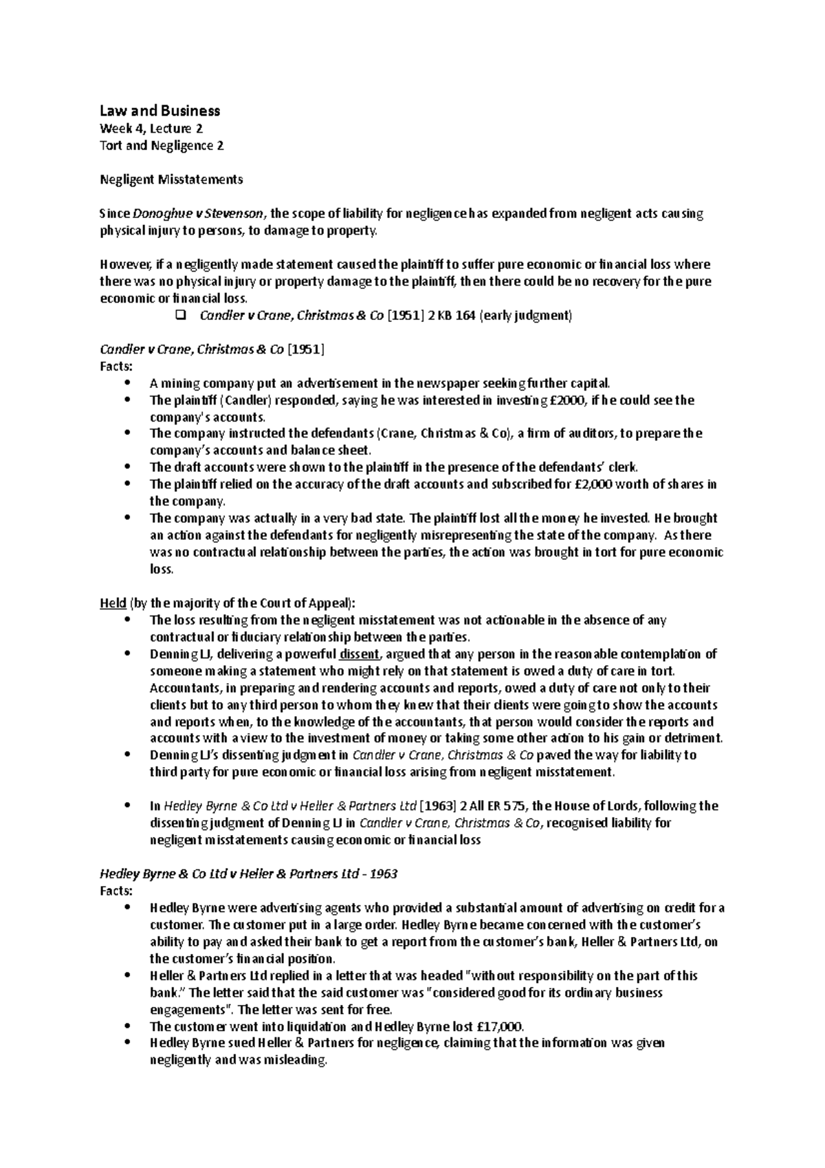 ACCT152 Law & Business W4: Tort and Negligence Lecture 2 Notes - Studocu