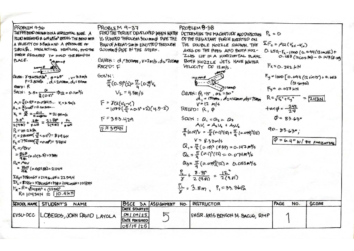 ENGR 3A Assignment #5: Fluid Mechanics Problems on Pipe Bends - Studocu