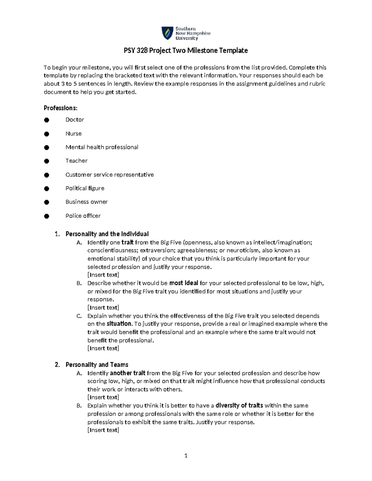 PSY 328 Theory Application Project Template for Personality Analysis ...
