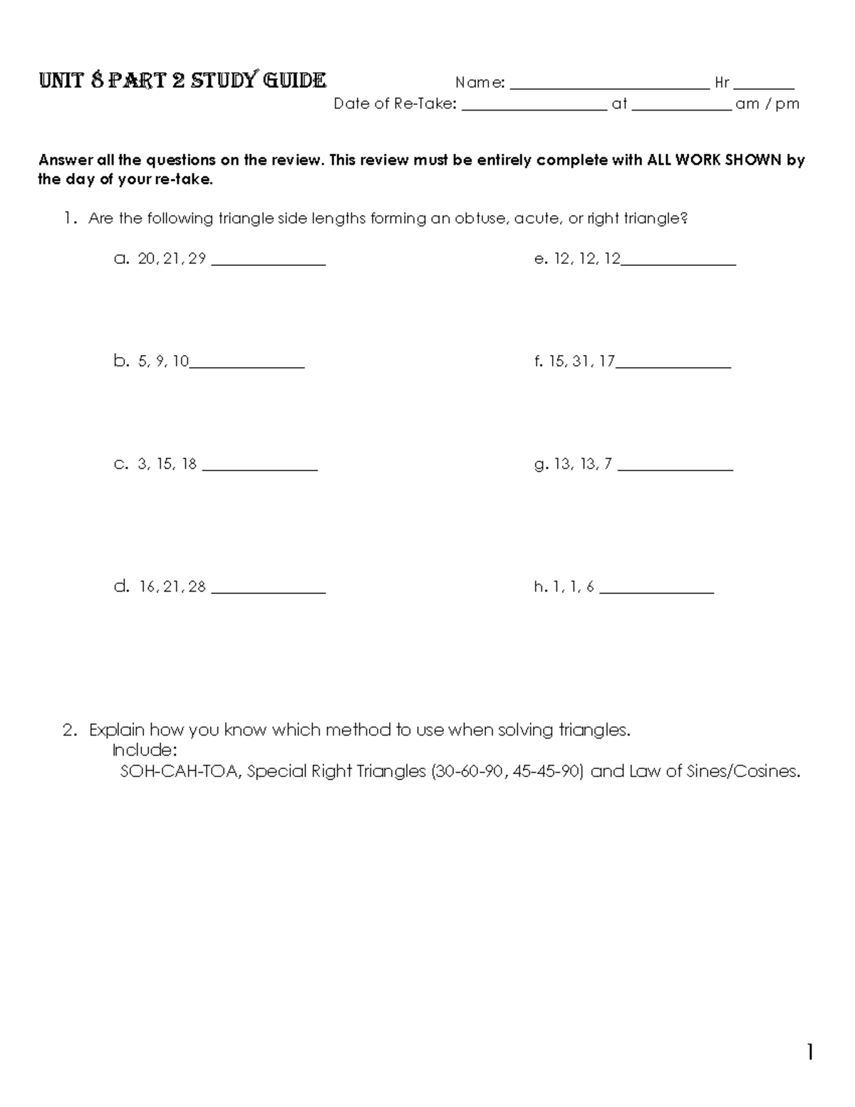 Unit 8 Part 2 Re Take Review - UNIT 8 PART 2 STUDY GUIDE Name