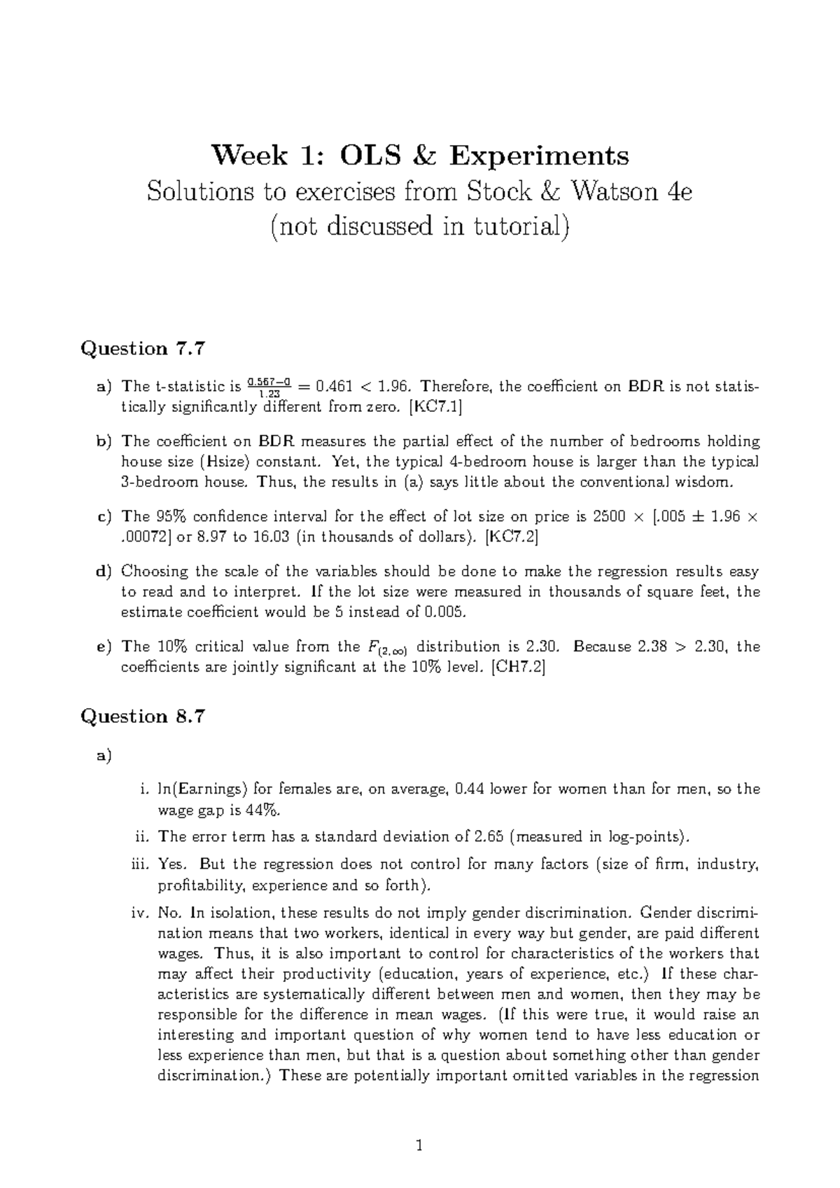 Week 1 Solutions: OLS & Experiments Exercises from Stock & Watson 4e ...