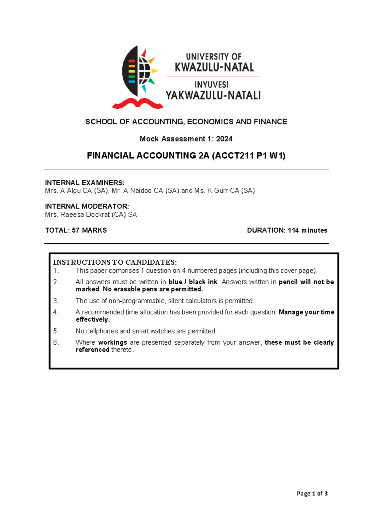 Mock Assessment 1 - Financial Accounting 2A (ACCT211) 2024 Exam - Studocu