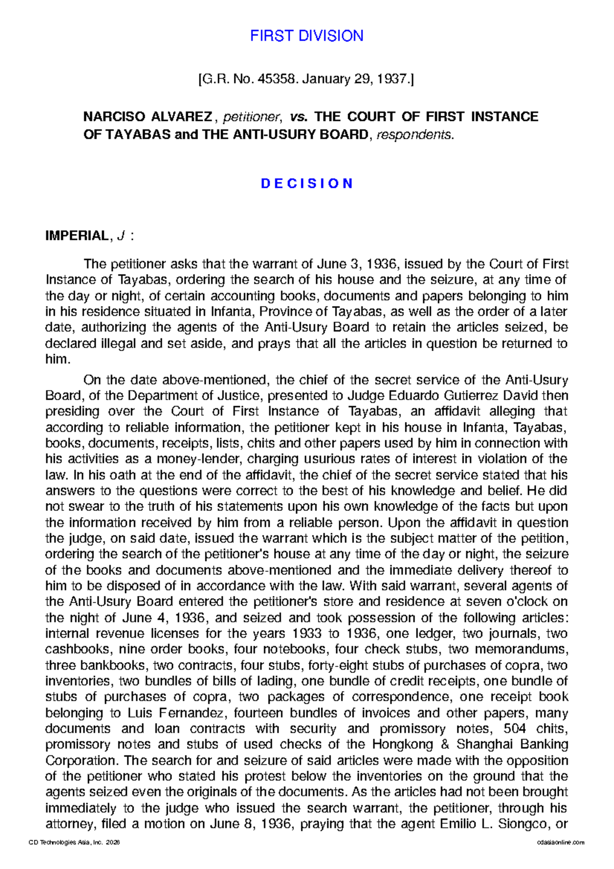 Alvarez v. Court of First Instance of Tayabas: Search Warrant Decision ...