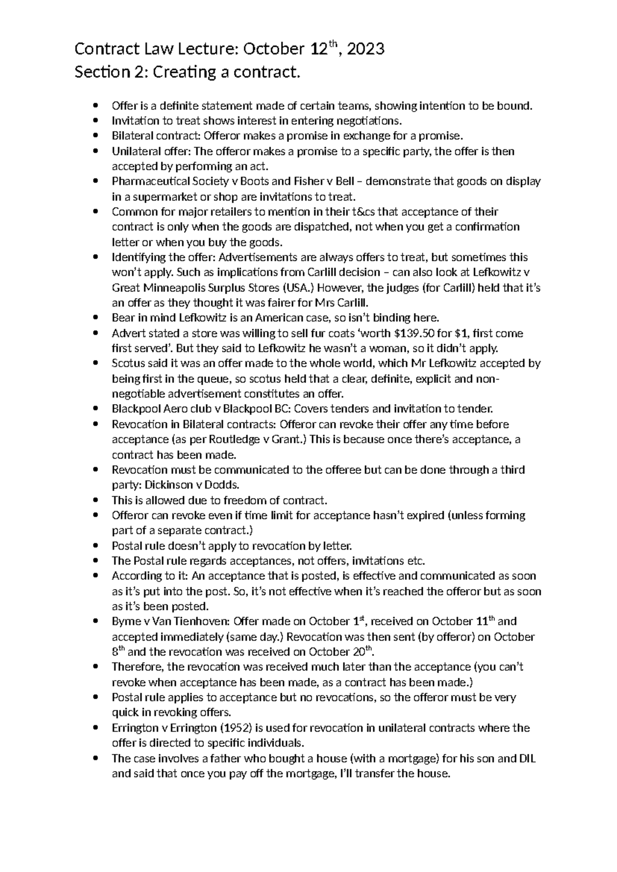 Week 3 Lecture Notes - Contract Law (October 12, 2023) - Studocu
