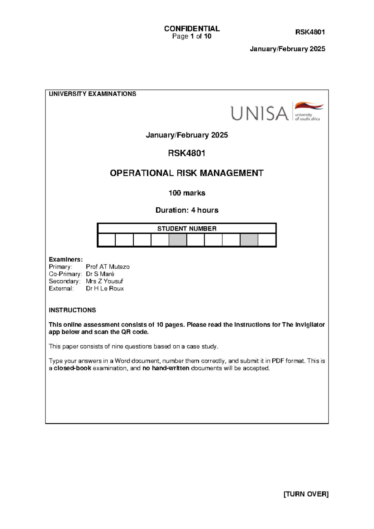 RSK4801 Jan/Feb 2025 Operational Risk Management Exam Outline - Studocu