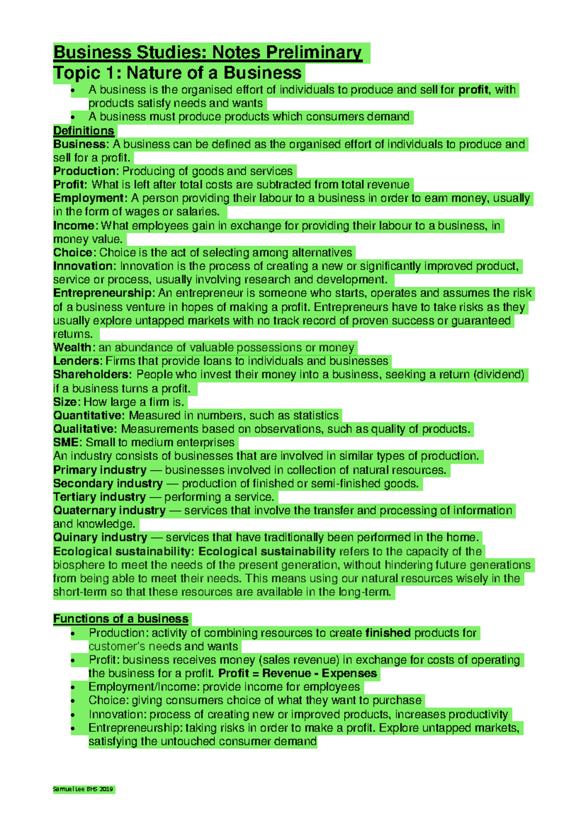 2019 BHS Topic 1 Nature of a Business Final Exam Notes - Studocu
